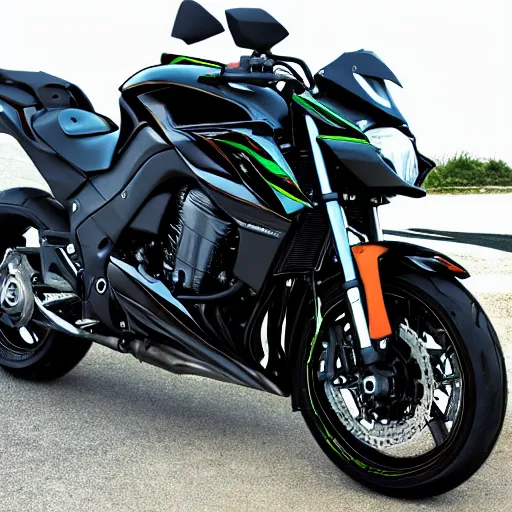 Image similar to photo of black kawasaki z1000 model 2009. Flaming wheels. Wheelie viewpoint