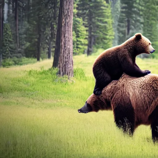 Prompt: bob ross riding on the back of a brown bear, a colorized photo by giuseppe bernardino bison, shutterstock contest winner, digital art, national geographic photo, stockphoto, majestic