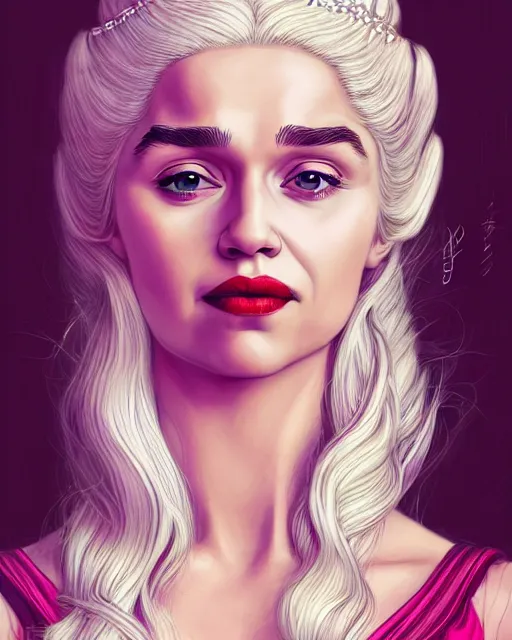 Image similar to closeup portrait happy beautiful daenerys targaryen with long blonde windblown hair in an ornate royal dress, standing on a street in chinatown, pink lipstick, glamour pose, detailed illustration, digital art, trending on artstation, arney freytag, frank miller, moebius, graffiti,