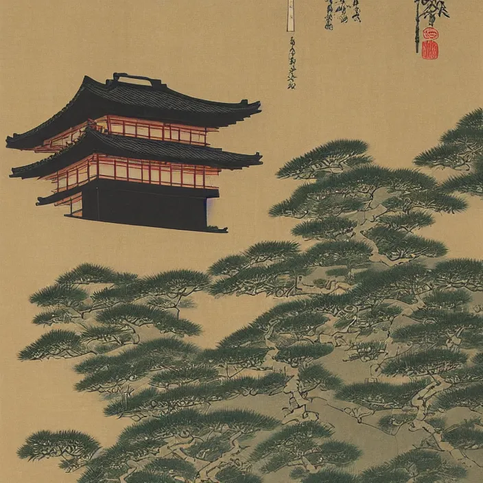 Image similar to a building in a serene landscape, ancient japanese painting