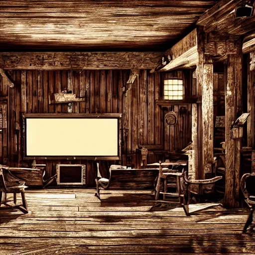 Prompt: old torn down western saloon with flickering cinema screen in the middle, centered, dark fantasy, gritty, cinematic, stylish, vintage, ultra realistic. 1 9 2 0 x 1 0 8 0 pixels