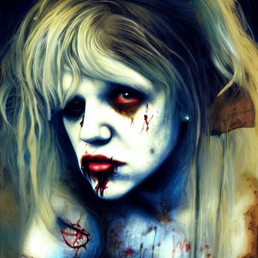 Image similar to color portrait of young courtney love as a zombie, 7 days to die zombie, gritty background, fine art, award winning, intricate, elegant, sharp focus, cinematic lighting, digital painting, 8 k concept art, art by michael hussar, art by brom, art by guweiz and z. w. gu, 8 k