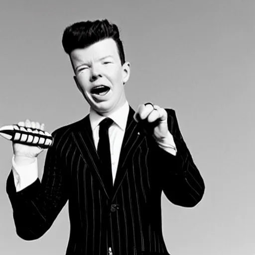 Image similar to young Rick Astley singing into a microphone, dancing, black suit, black and white striped shirt, white background