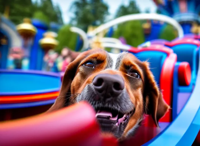 Image similar to film still of a dog riding a roller coaster in disneyland paris, 8 k