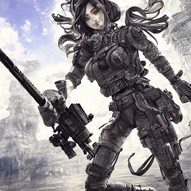 Image similar to the portrait of lawful neutral female futuristic infantry sniper as absurdly beautiful, gorgeous, elegant, young gravure idol, an ultrafine hyperdetailed illustration by kim jung gi, irakli nadar, intricate linework, bright colors, octopath traveler, final fantasy, unreal engine 5 highly rendered, global illumination, radiant light, detailed and intricate environment