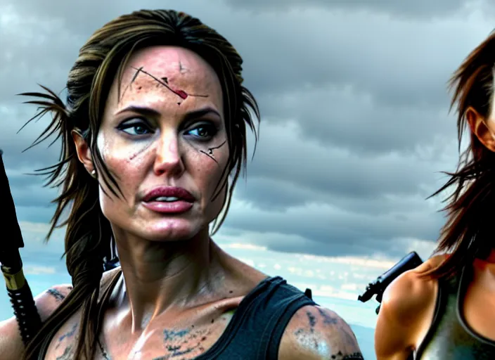 Prompt: film still of!!!! angelina jolie!!! as lara croft in new tomb raider movie, 8 k