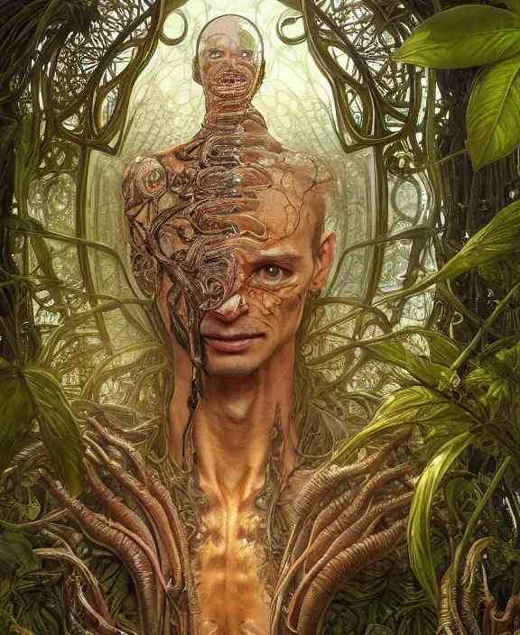 Image similar to intricate ornate opulent transparent clear see - through portrait of a terrifying beautiful emaciated male alien centipede, mottled coloring, adorable, childlike, overgrown jungle environment, ultra realistic, concept art, art nouveau, photorealistic, octane render, 8 k, unreal engine. art by christopher marley and artgerm and greg rutkowski and alphonse mucha