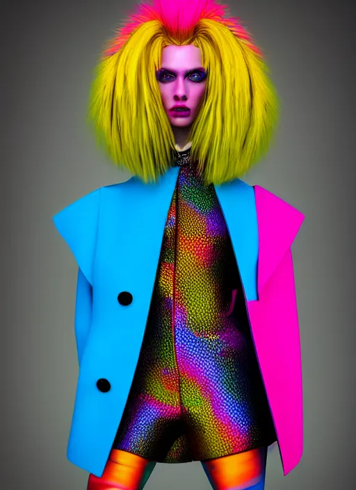 Image similar to stylish coat for a rave, bright colors, many details, prints, photo for a magazine, photo for a store, fashion photography, Vogue, 135 mm, cinematic, hyper realism, high detail, octane render, 8k, chrome accents, very coherent symmetrical artwork, perfect face model, full length photo, Upper and lower body, light skin tone