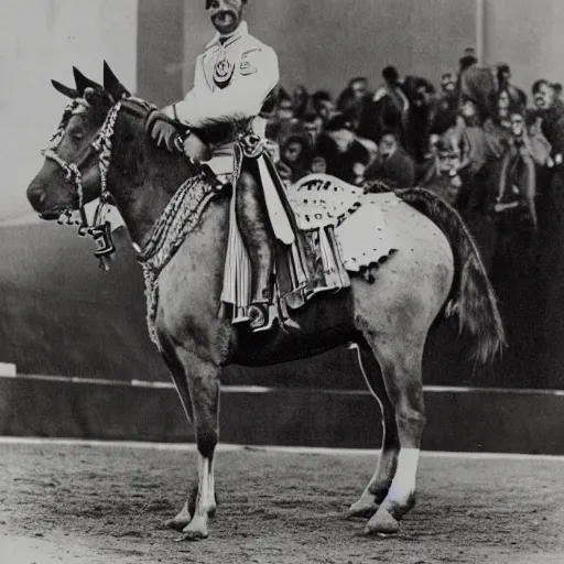 Image similar to francisco franco riding a griffin dressed as a bullfighter in the sky