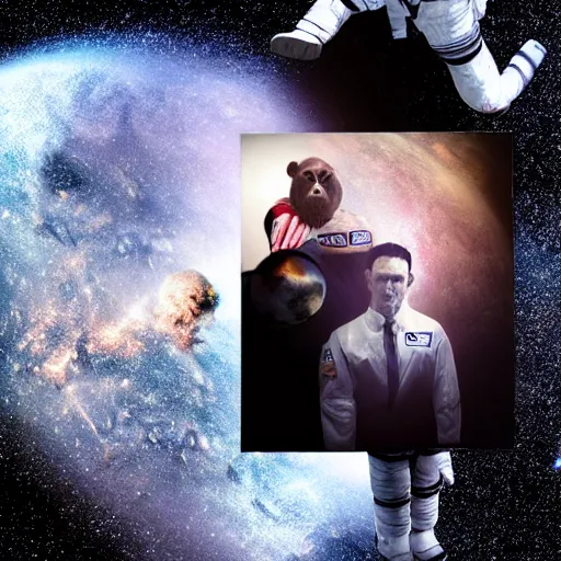 Image similar to double exposure portrait split in the middle of a astronaut and one chimpanzee in a suit posing with space in the background, pencil art, high definition, dynamic lighting stars, sharpness, golden ratio, fibonaci sequence