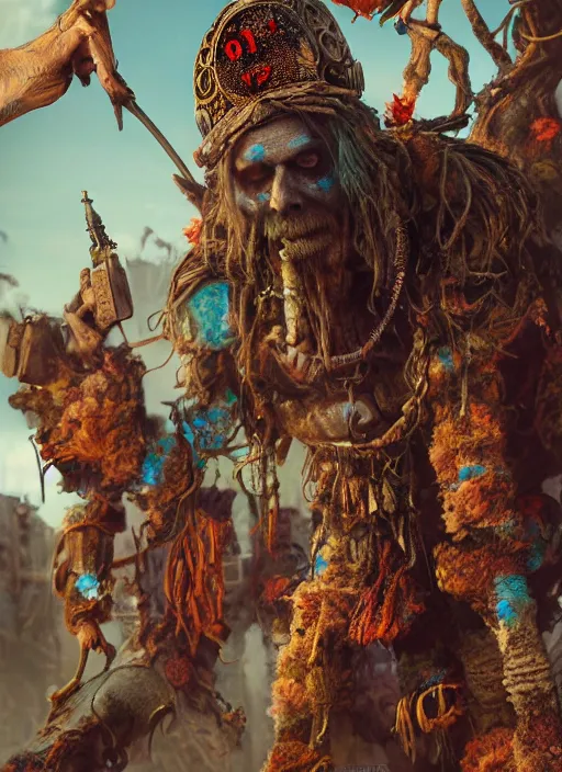 Prompt: detailed full body concept art, illustration matte painting, Rob Zombie pilot in full intricate colorful clothing, ultra detailed, digital art, octane render, 4K, dystopian, micro details