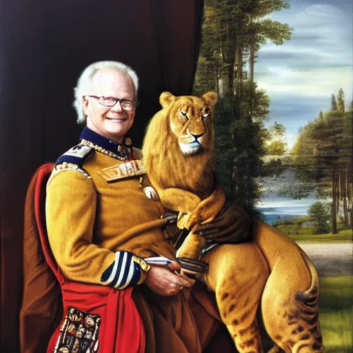 Prompt: Swedish king Carl XVI Gustaf with his pet lion, smoking a cigar, professional oil painting, highly detailed, renaissance