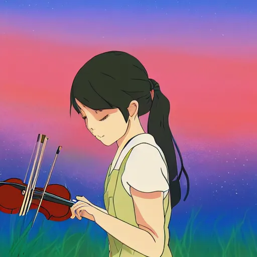 Image similar to cell shaded key visual of a young girl playing the violin in the style of studio ghibli, moebius, makoto shinkai,