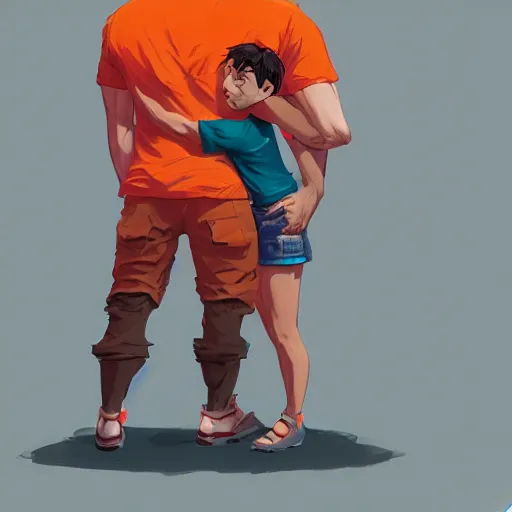 Image similar to man in orange t - shirt hugging girl, vivid colors, character sheet, fine details, concept design, contrast, kim jung gi, greg rutkowski, trending on artstation, 8 k, full body, turnaround, front view, back view, ultra wide angle