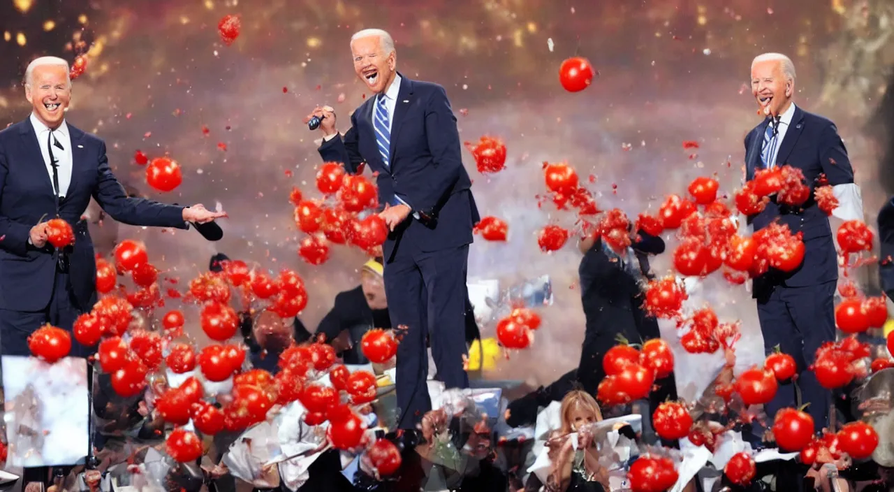 Image similar to joe biden singing on americas got talent with tomatos being thrown at him