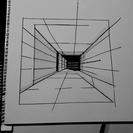 Prompt: An educational artist's demonstration of a square drawn in on point perspective. Sketch.