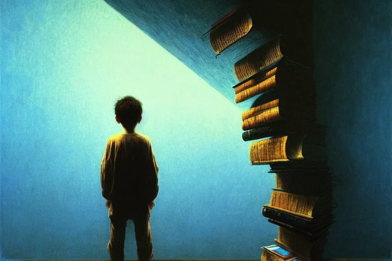 Image similar to boy standing on the opened book and looking at other books floating in the air, in the style of beksinski, intricate and epic composition, sky blue by caravaggio, insanely quality, highly detailed, masterpiece, milk white light, artstation, 4 k