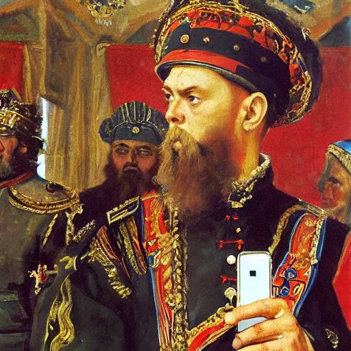 Image similar to portrait of tsar in Cap of Monomakh Ivan the Terrible watching smartphone masterpiece painting by vasnetsov and surikov, JEAN-VICTOR BERTIN, by Terence Cuneo, detailed, artfully traced, 4k resolution, cinematic, dramatic