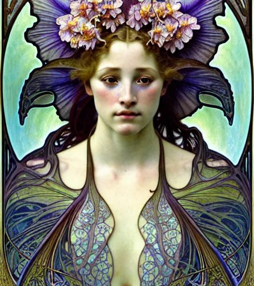 Image similar to beautiful young orchid fairy detailed realistic porcelain face portrait by jean delville, alphonse mucha, iris van herpen and charlie bowater, art forms of nature by ernst haeckel, art nouveau, symbolist, visionary, gothic, neo - gothic, pre - raphaelite, fractal lace, intricate alien botanical biodiversity, surreality, hyperdetailed ultrasharp octane render