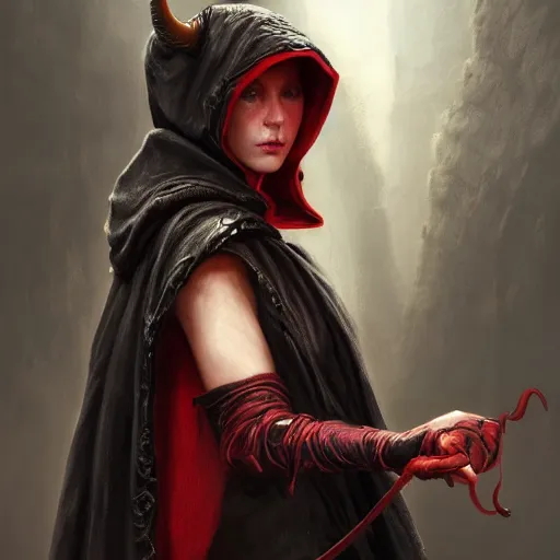 Prompt: masterpiece portrait of a surly and resentful female tiefling thief with red skin wearing a black hooded cloak and a thief's leather garb with horns sticking out of the hood, grumpy body language, by Greg Rutkowski, as seen on ArtStation, 4k, dungeons and dragons, very aesthetic, very detailed, intricate, unreal, fantasy, dramatic, painterly, artstation, sharp focus, smooth