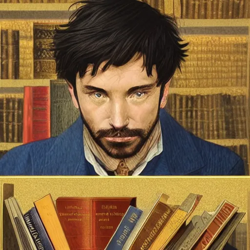 Prompt: fantasy man sitting in library, gold brocaded dark blue clothes, short black hair, books, reddish brown engraved shelves, sharp focus, intricate, extremely detailed, cinematic lighting, smooth, ultra realistic illustration, high fantasy, elegant, artgerm, greg rutkowski, alphonse mucha magali villeneuve