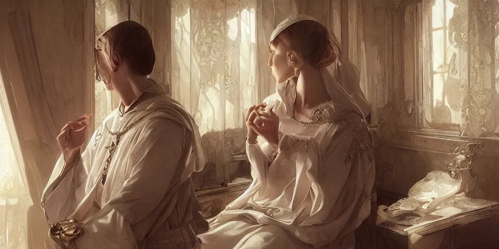 Image similar to photography of a pope making touching a sensual woman in a bedroom, deep focus, intricate, elegant, highly detailed, digital painting, artstation, concept art, matte, sharp focus, illustration, art by artgerm and greg rutkowski and alphonse mucha