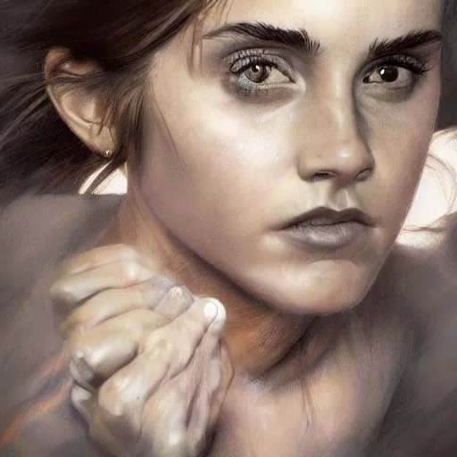 Image similar to Very funny Emma Watson looking like an old monkey, colorful painting on grey scale face, powerful , magic, thunders, dramatic lighting, intricate, wild, highly detailed, digital painting, artstation, concept art, smooth, sharp focus, illustration, art by artgerm and greg rutkowski and alphonse mucha, footage