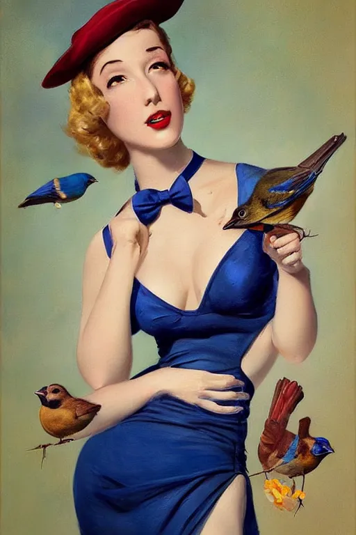 Image similar to hyper realistic painting, tasteful pinup girl holding an indigo bunting, bird, the bird is wearing a bowtie, by greg rutkowski, rossdraws, gil elvgren, enoch bolles, anime, porcelain skin, very coherent