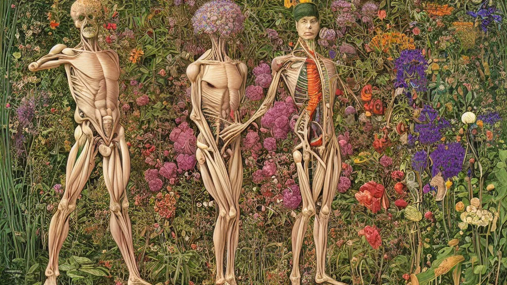 Image similar to highly detailed illustration of a single human anatomy body surrounded by all the known species of plants and flowers by juan gatti!, by moebius!, by leonardo da vinci!, by oliver vernon!