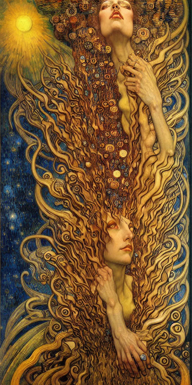 Image similar to Divine Chaos Engine by Karol Bak, Jean Delville, William Blake, Gustav Klimt, and Vincent Van Gogh, symbolist, visionary