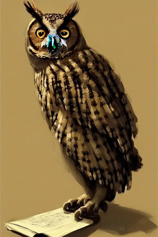 Prompt: An owl falling asleep on his papers he was studying., digital painting, artstation, concept art, soft light, hdri, smooth, sharp focus, illustration, art by tian zi, craig mullins, Mark Arian, WLOP, alphonse mucha