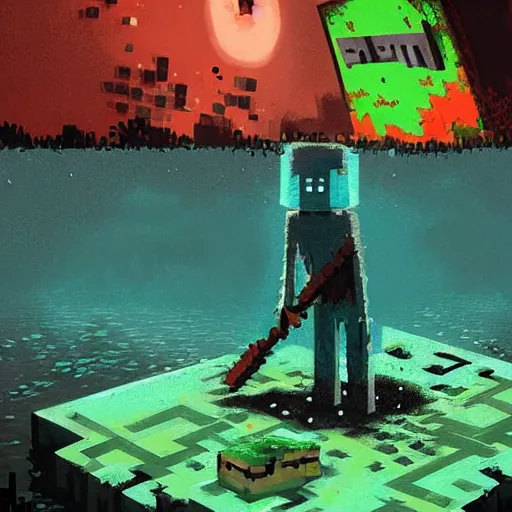 Image similar to painting by greg rutkowski of a minecraft drowned zombie with glowing cyan eyes, wearing ragged clothing and and algae growing on it, holding a trident, underwater