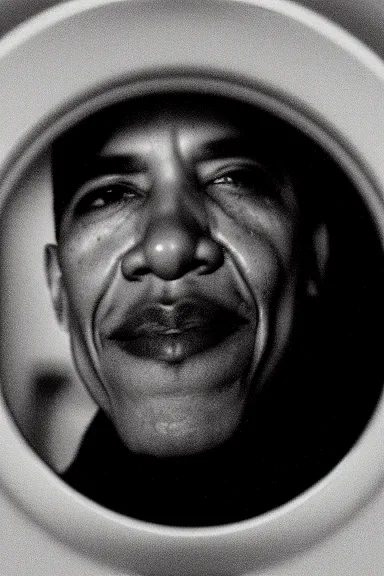 Image similar to a very close up fish eye lens photo of Obama up to his nose