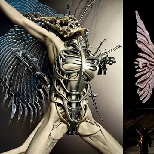 Prompt: still frame from Prometheus movie by Makoto Aida, flying biomechanical angel gynoid by giger, mimicking devil's flower mantis, metal couture by neri oxmn and Guo pei, flying angel editorial by Malczewski and by Caravaggio