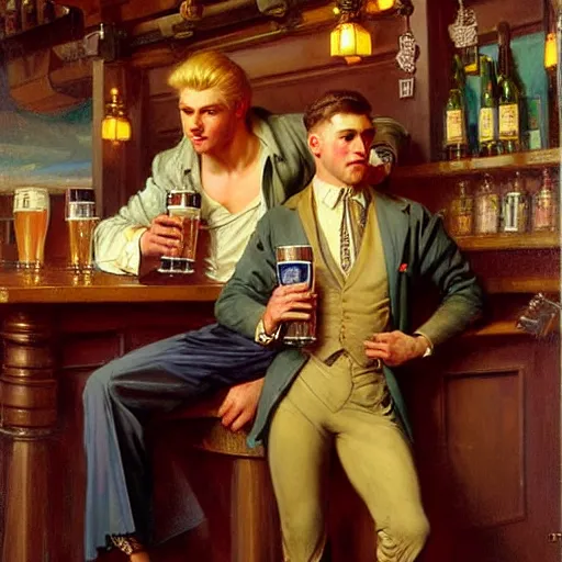 Image similar to attractive maculine male with brunet hair and attractive masculine male with blond hair. pants and shorts, drinking their hearts out, in a pub. highly detailed and very defined painting by j. c. leyendecker, gaston bussiere, craig mullins 8 k