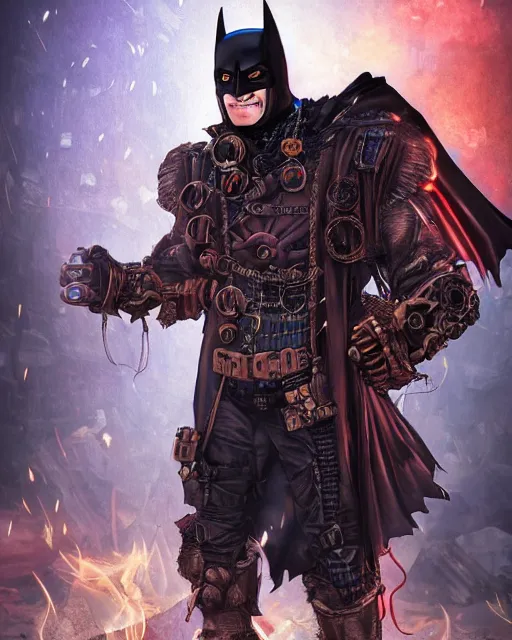 Image similar to steampunk batman with fire and ice magic coming out from his hands in a dystopian environment, full body view, highly detailed, amazing digital art, artstation, sharp focus