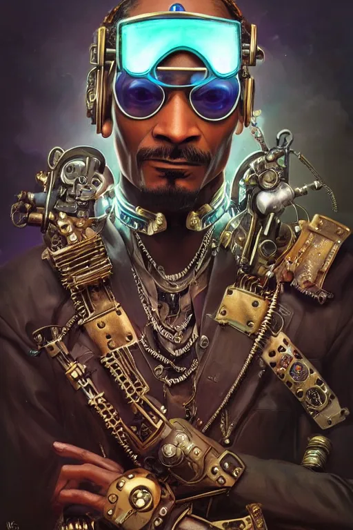 Image similar to snoop dog as a steampunk cyborg gunslinger, portrait, cyber western, neon, duster, fantasy, intricate, elegant, highly detailed, digital painting, artstation, concept art, sharp focus, illustration, art by artgerm and greg rutkowski and alphonse mucha