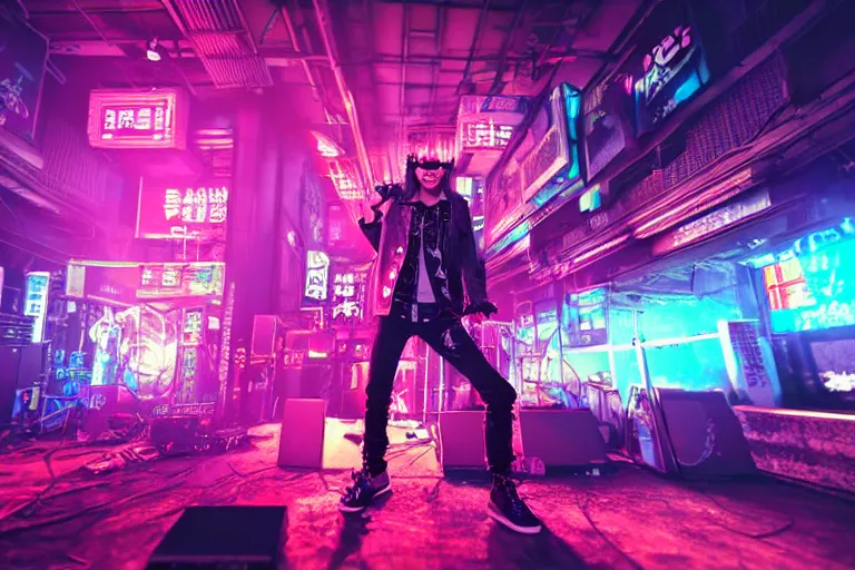 Image similar to 3 d render of a punk at a japanese metal concert in a cyberpunk world, made using maya and arnold, bright neon colors, intricate details, complementary colors, detailed face, backlighting, octane render, depth of field, extremely detailed, trending in artstation, focus on face, sharp focus, radiant light, raytraced, ray tracing, 8 k, beautiful composition