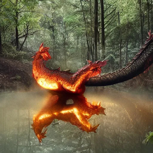 Image similar to a dragon emerging from a pool of oil, photograph taken in a dark forest