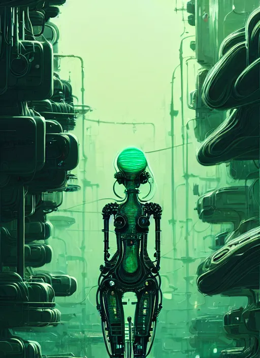 Image similar to highly detailed portrait of a biopunk long curly white hair tribal lady, stray wiring by atey ghailan, james gilleard, by joe fenton, by greg rutkowski, by greg tocchini, by kaethe butcher, 4 k resolution, gradient green, black and white color scheme!!! ( ( green caustic robotic dystopian city background ) )