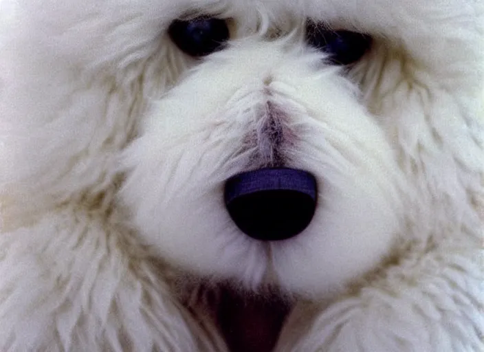 Prompt: realistic photo of a face of very beautiful girl white fluffy hairy fur face, symmetrical, skin is made of white fluffy hairs, eyes made of snowflakes, close up 1 9 9 0, life magazine reportage photo, natural colors