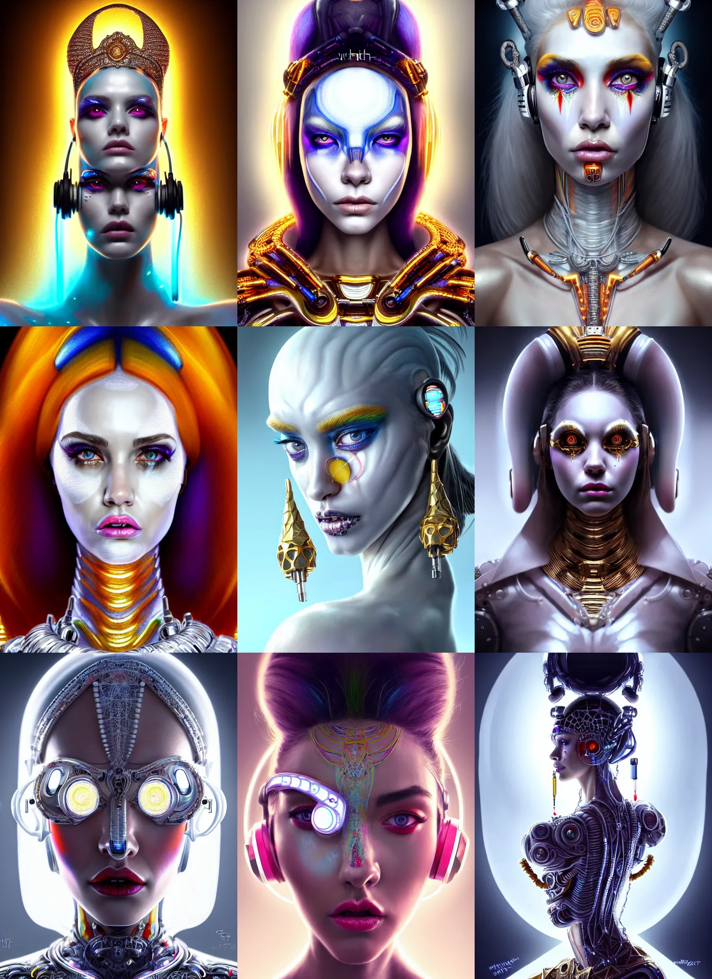 Prompt: bright white polished edm clowncore cyborg : : disney weta portrait, soft mayan queen devil madison beer, bling earbuds, hi - fructose, sci - fi fantasy intricate decadent highly - detailed digital painting, golden ratio, octane render, artstation, concept art, smooth, sharp focus, illustration, artgerm, mucha, loish, wlop