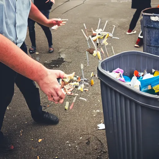 Prompt: A photo of a guy throwing out a bunch of forks into a trash can. Taken with a Canon EOS 5D.