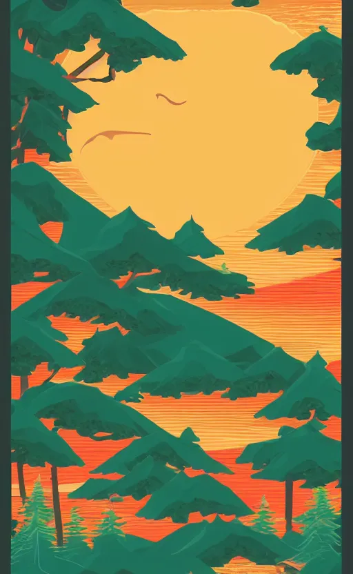 Image similar to hanafuda, an aperture to a lake in a forest of japanese pines, a big red sun in the background, front game card, vector line art, trending on behance, concept art, stunning, matte