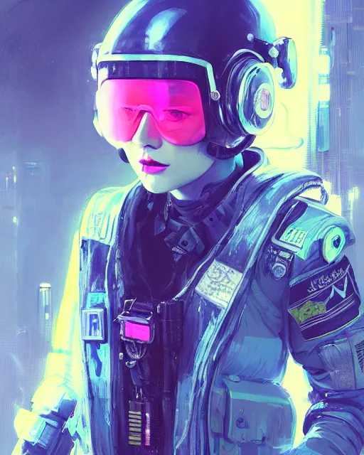 Image similar to detailed neon female swat officer flying a plane, cyberpunk futuristic, neon, reflective puffy coat, decorated with traditional japanese by ismail inceoglu dragan bibin hans thoma greg rutkowski alexandros pyromallis nekro rene margitte, aerial view, illustrated, perfect face, fine details, realistic shaded, fine - face, pretty face