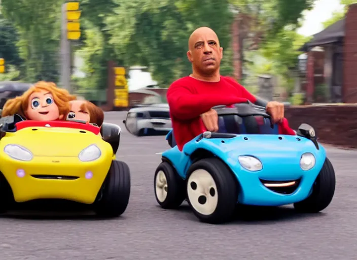 Image similar to peter dinklage racing vin diesel driving a little tikes cozy coupe cars, movie still, from the new fast and furious movie, 8 k, realistic