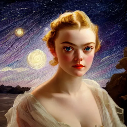 Prompt: leyendecker and peter paul rubens, head and shoulders portrait of a elle fanning, nighttime, on the beach, starry sky, unreal engine, fantasy art by global illumination, radiant light, detailed and intricate environment