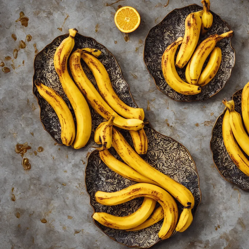 Prompt: roasted bananas with decorative orange skin, in designer plate with flowery pattern, closeup, hyper real, food photography, high quality