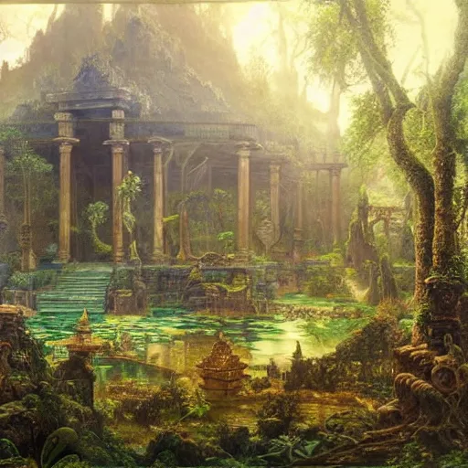 Image similar to a beautiful and highly detailed matte painting of a lost temple in a magical fantasy garden in a lush forest, intricate details, epic scale, insanely complex, 8 k, sharp focus, hyperrealism, very realistic, by caspar friedrich, albert bierstadt, james gurney, brian froud,