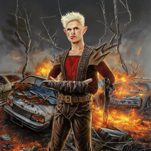 Image similar to an elf with spiky blonde hair wearing dark brown overalls and holding dynamite standing next to a destroyed car, painting by Mark Brooks